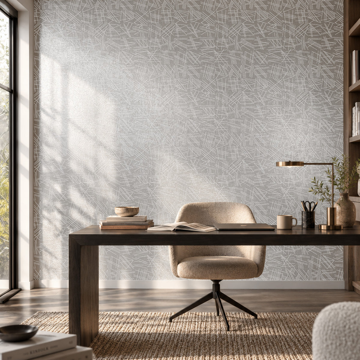 Tilt white flock silver wallpaper in a modern home office