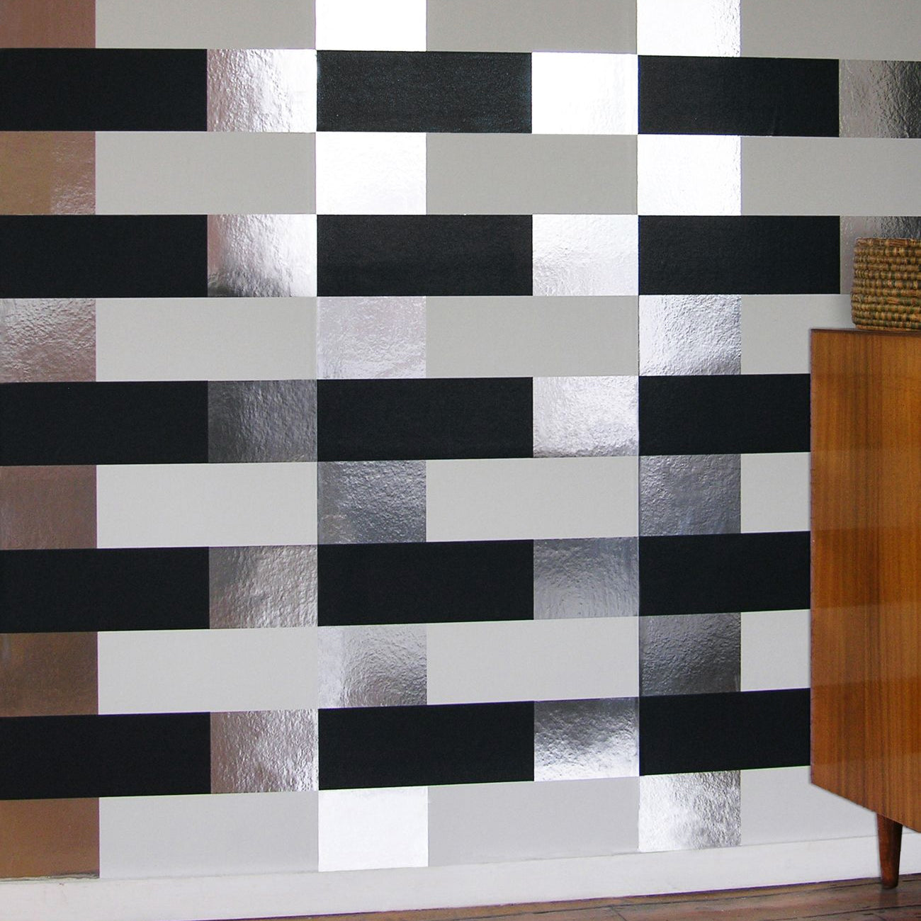 Block black white silver - modern geometric wallpaper