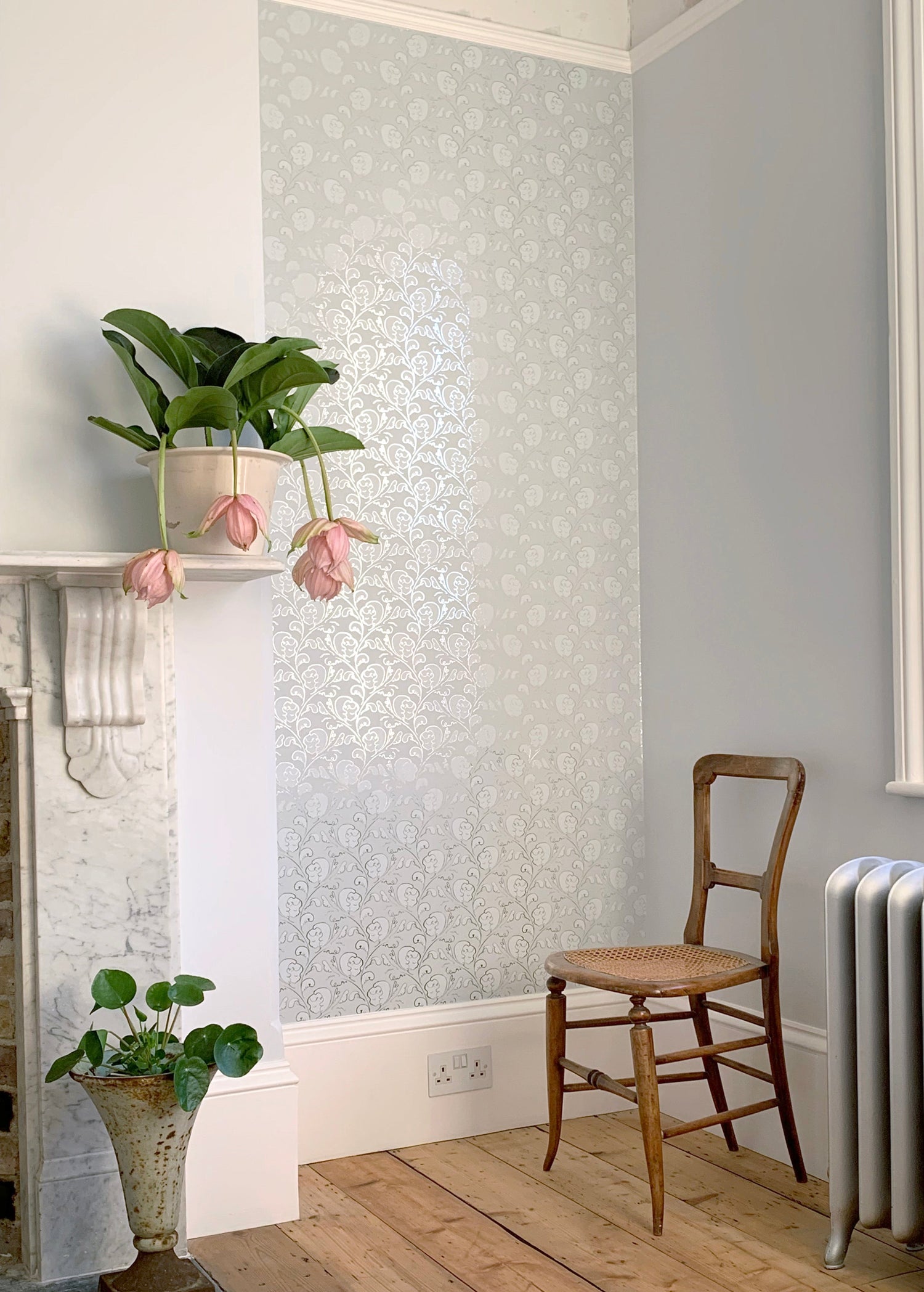 Dream wallpaper in putty white and silver by Polly Dunbar