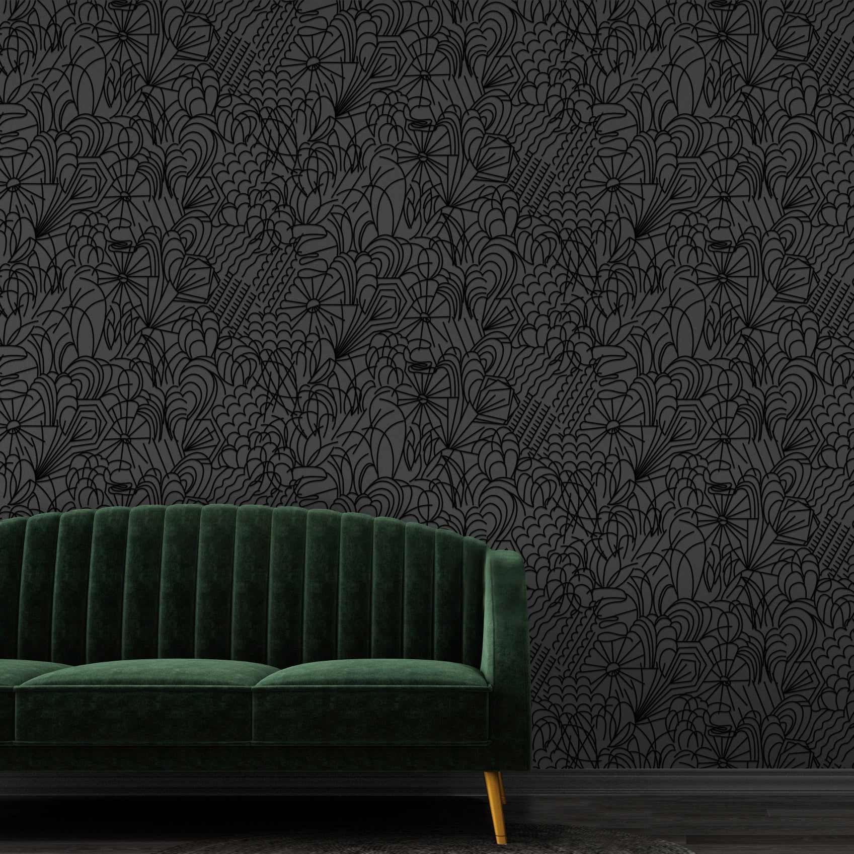 Pop black flock on dark grey wallpaper with green velvet sofa