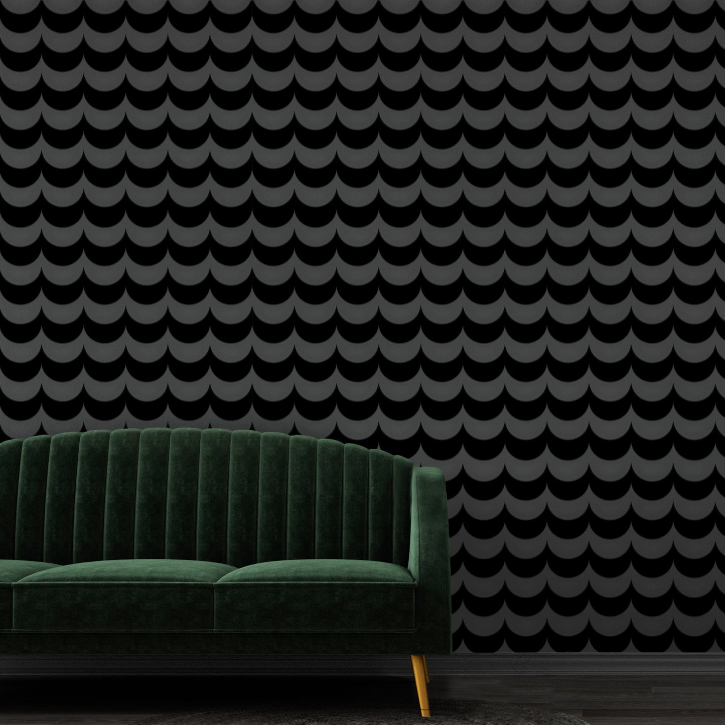 Scoop black velvet flock wallpaper with green velvet sofa