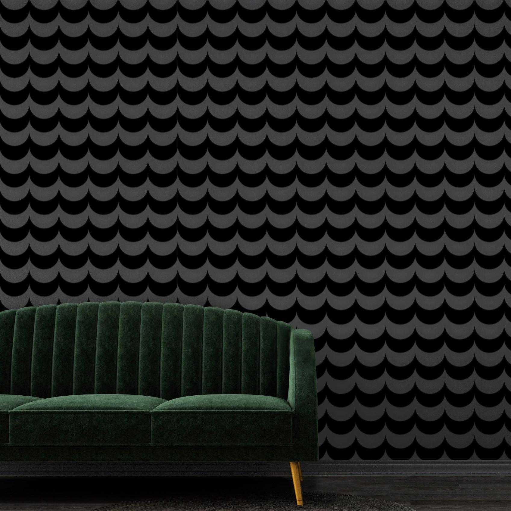 Scoop black velvet flock wallpaper with green velvet sofa