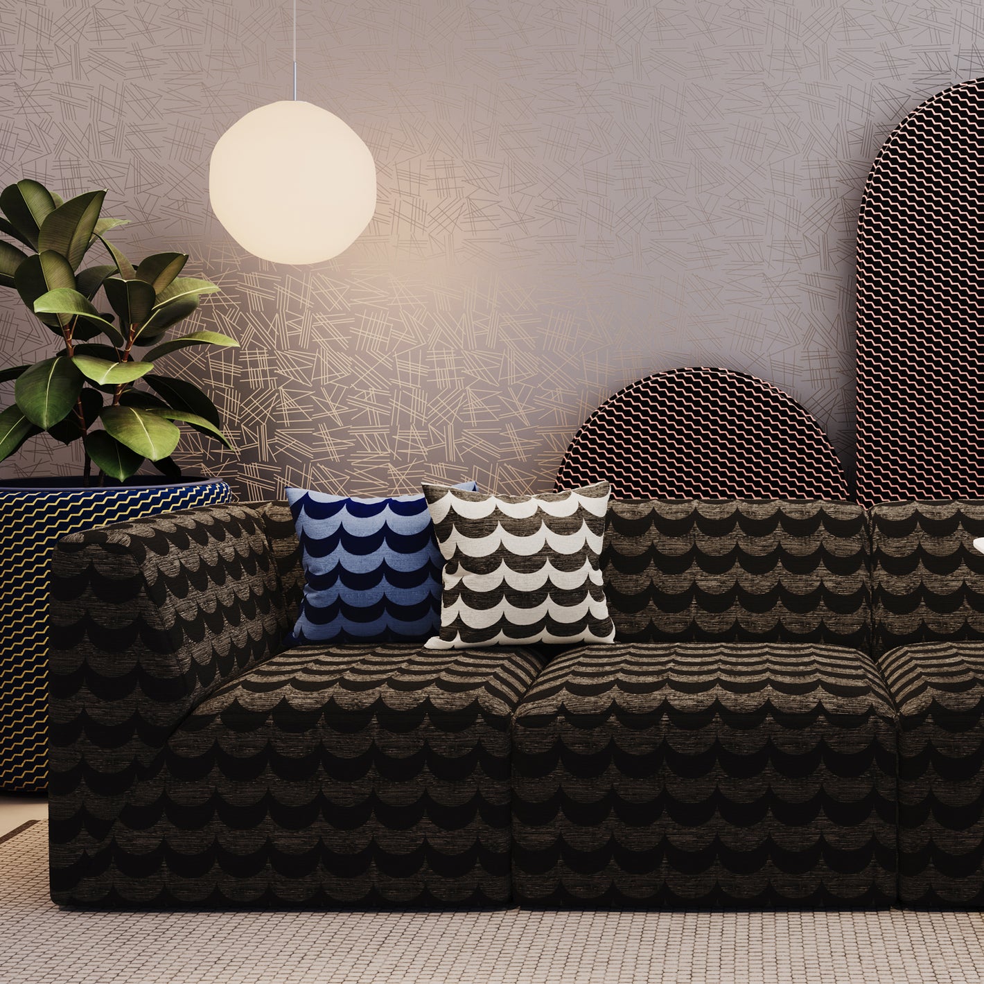 Office interior  with Scoop fabric on sofa with Tilt wallpaper. Buzz fabric on screens.