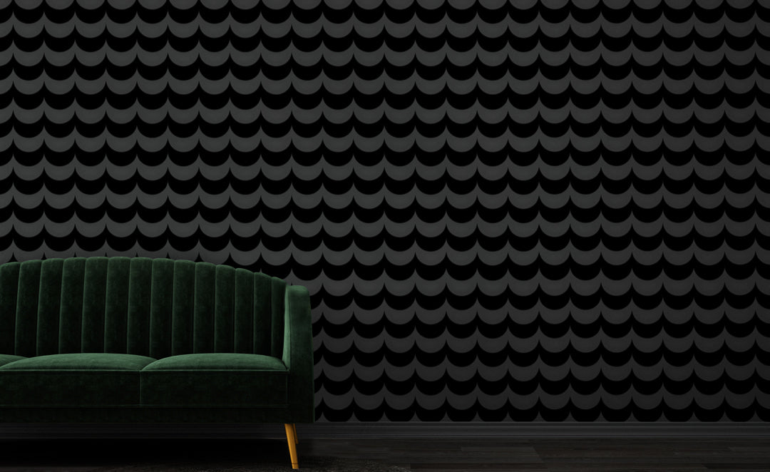 Scoop wallpaper in black flock with a green sofa