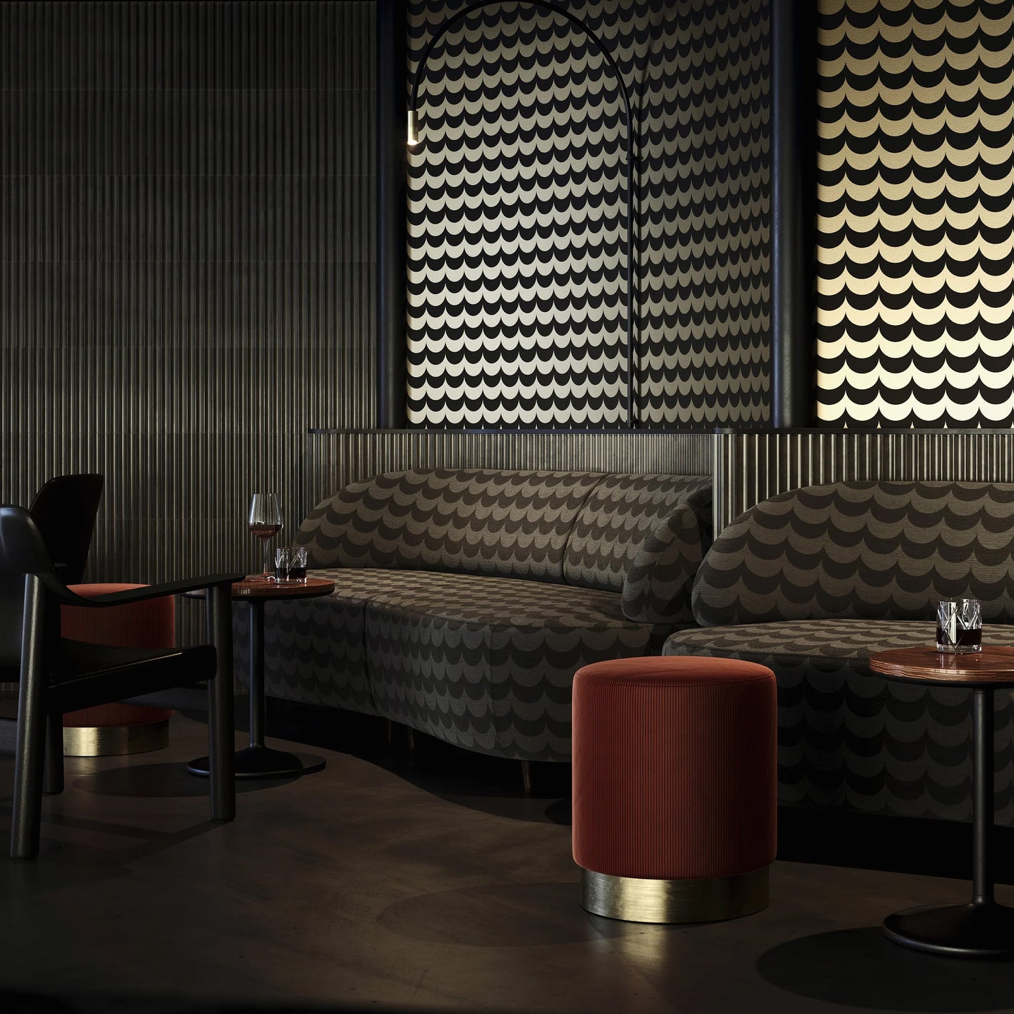 Bar scene with Scoop fabric and black and gold Scoop wallpaper