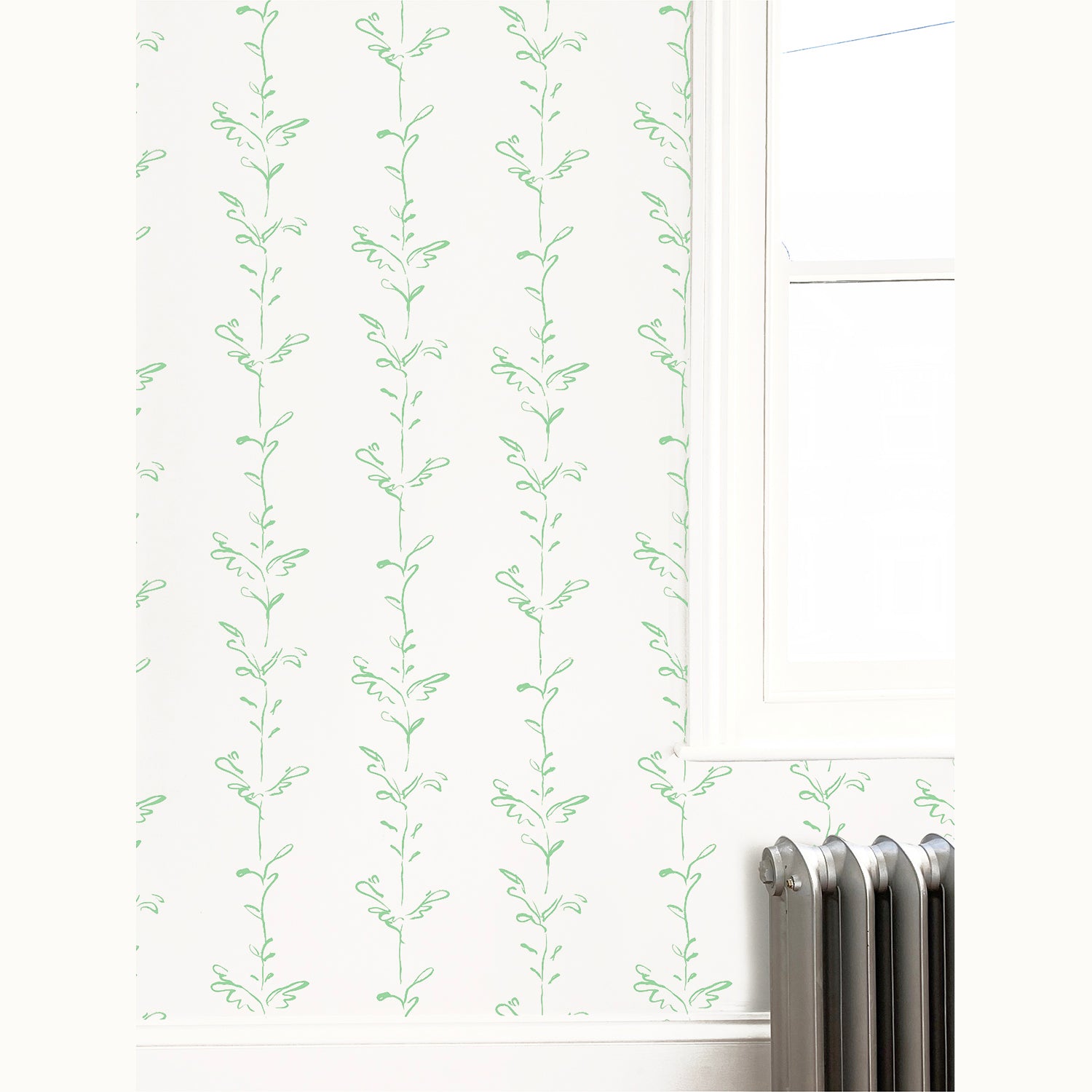 Stem green white wallpaper by Polly Dunbar and Erica Wakerly