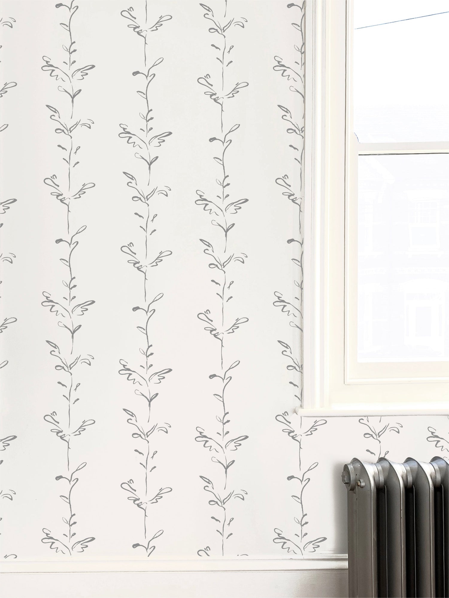 Stem wallpaper in grey and white by Polly Dunbar