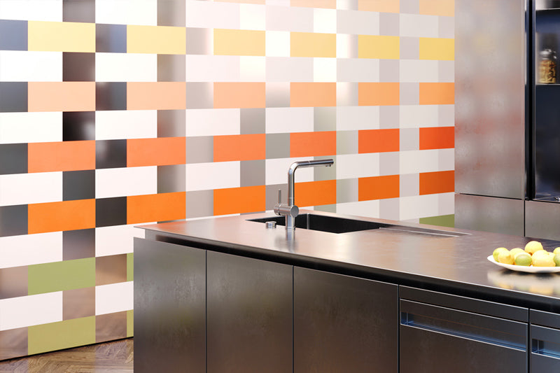 Custom colour block wallpaper in kitchen installation