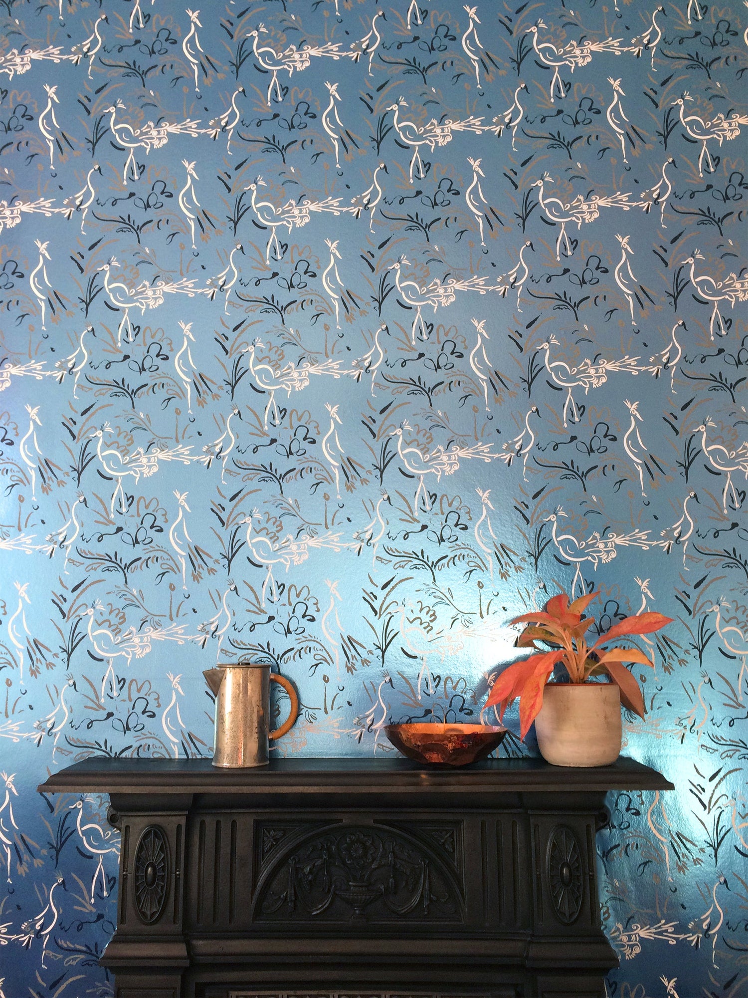 Birds wallpaper in blue metallic by Polly Dunbar