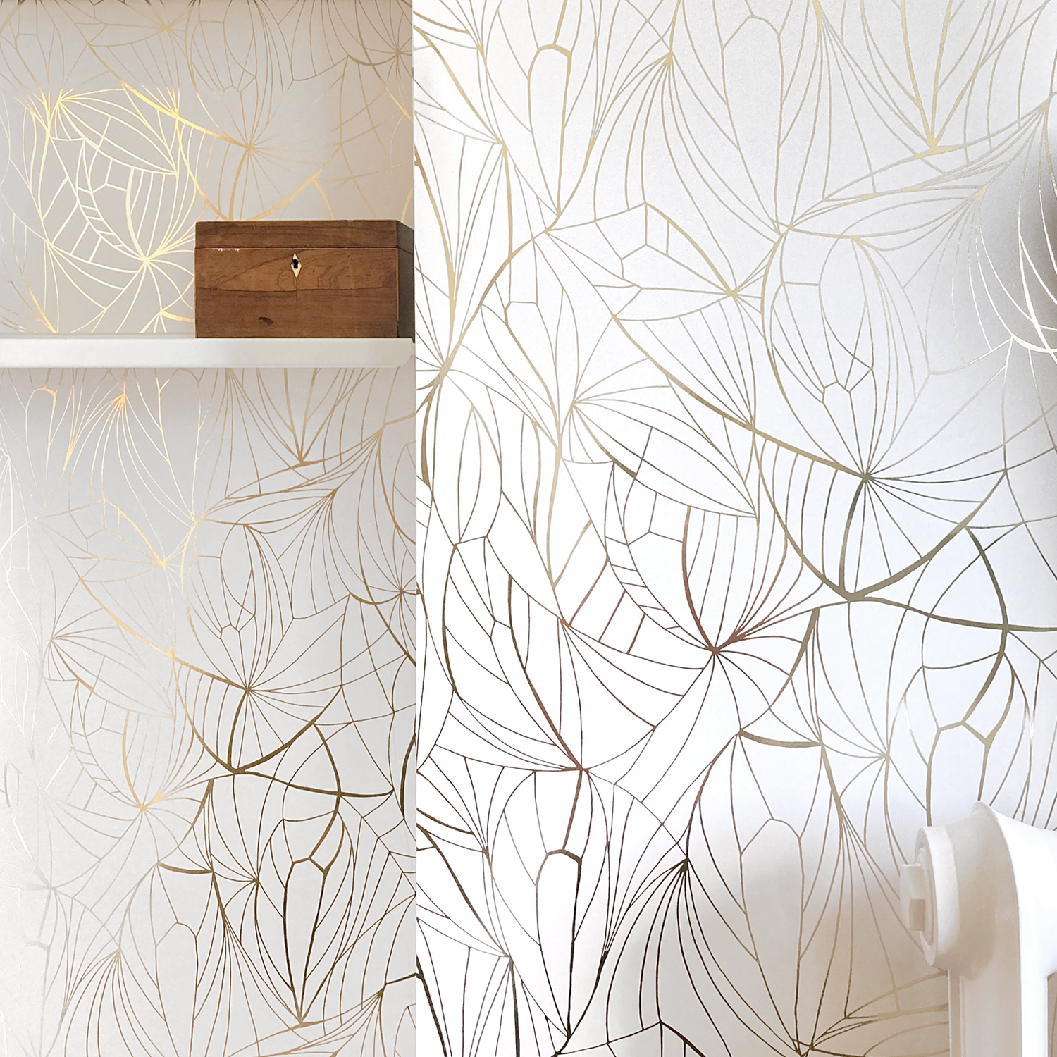 Leaf gold white wallpaper installation